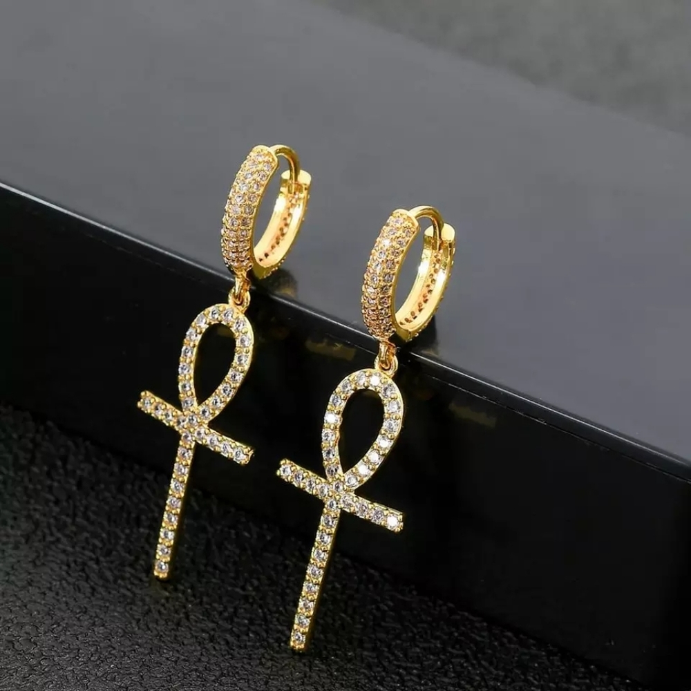 18k Gold Plated Ankh Cross Earrings/CZ Stone